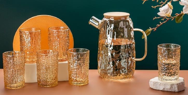 Glass Juice Pitcher Set 1.6L with Wooden Lid & 6 Cups