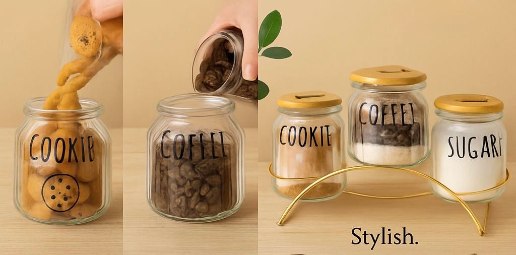3-Piece Glass Jar Set with Wooden Lids and Stand