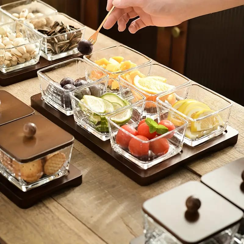 Wooden Serving Tray with Airtight Lid & Glass Cups
