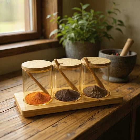 3-Piece Glass Spice Jar Set with Wooden Lids, Spoons & Stand