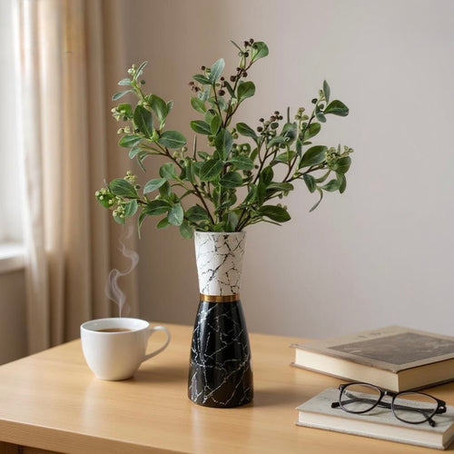 Large Luxury Marble-Effect Ceramic Vase with Gold Rim