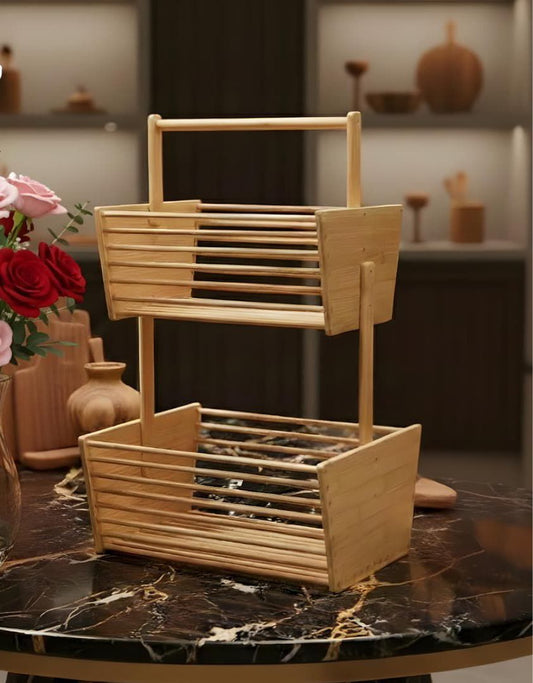 2-Tier Heavy Bamboo Wooden Stand – Premium Countertop Organizer (50 × 30 cm)