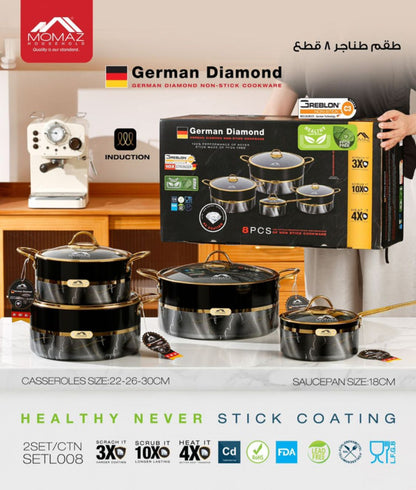MOMAZ German Diamond Non-Stick Cookware Set – 8 Pieces Induction Ready