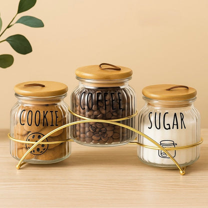 3-Piece Glass Jar Set with Wooden Lids and Stand