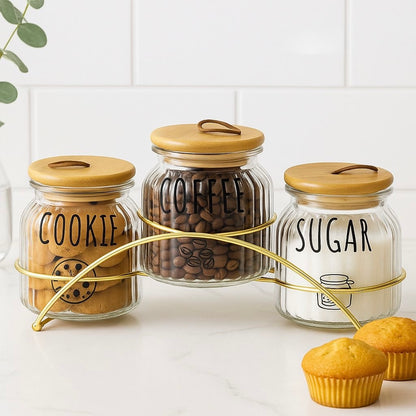 3-Piece Glass Jar Set with Wooden Lids and Stand