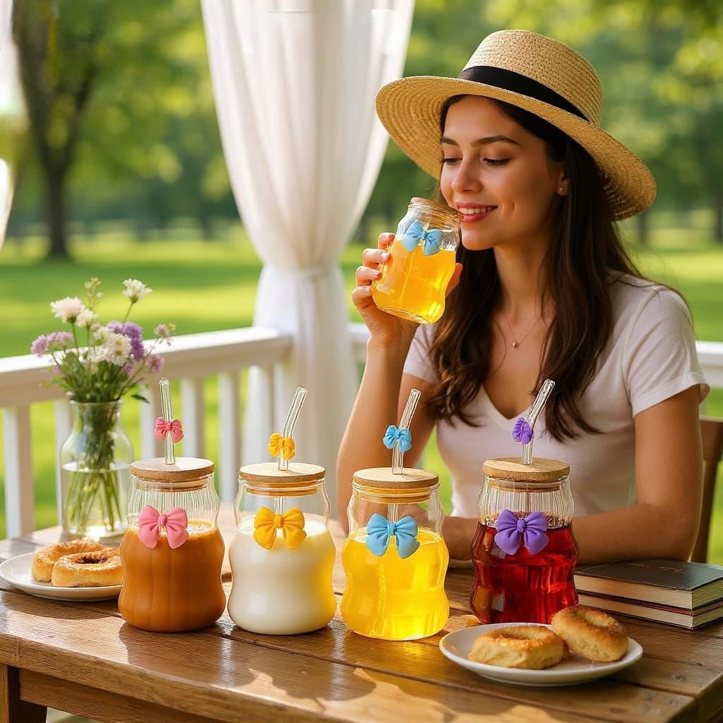 Elegant Grooved Glass Mug with Lid and Straw – 540ml