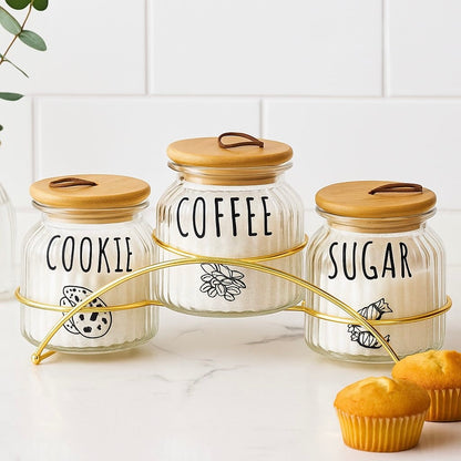 3-Piece Glass Jar Set with Wooden Lids and Stand