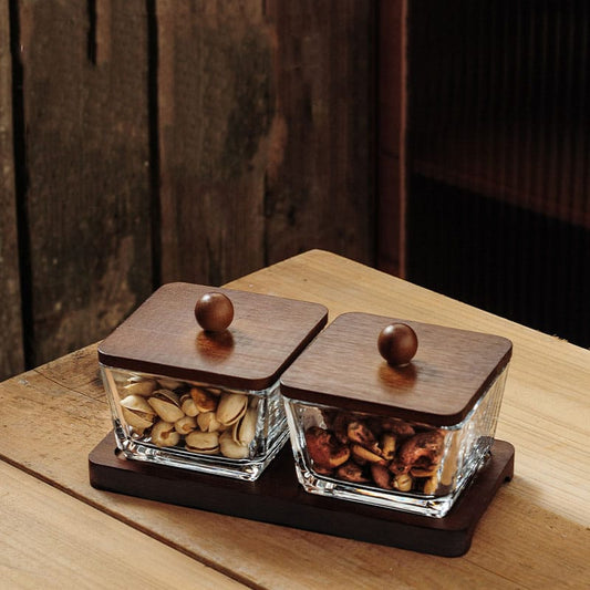 Wooden Serving Tray with Airtight Lid & Glass Cups