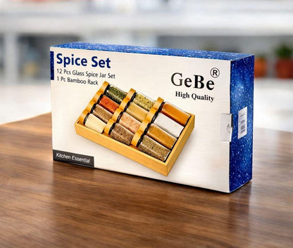 GeBe Spice Jar Set with Bamboo Rack – 12 Glass Jars (100 ml)