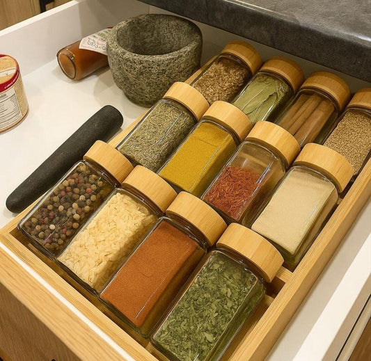 GeBe Spice Jar Set with Bamboo Rack – 12 Glass Jars (100 ml)