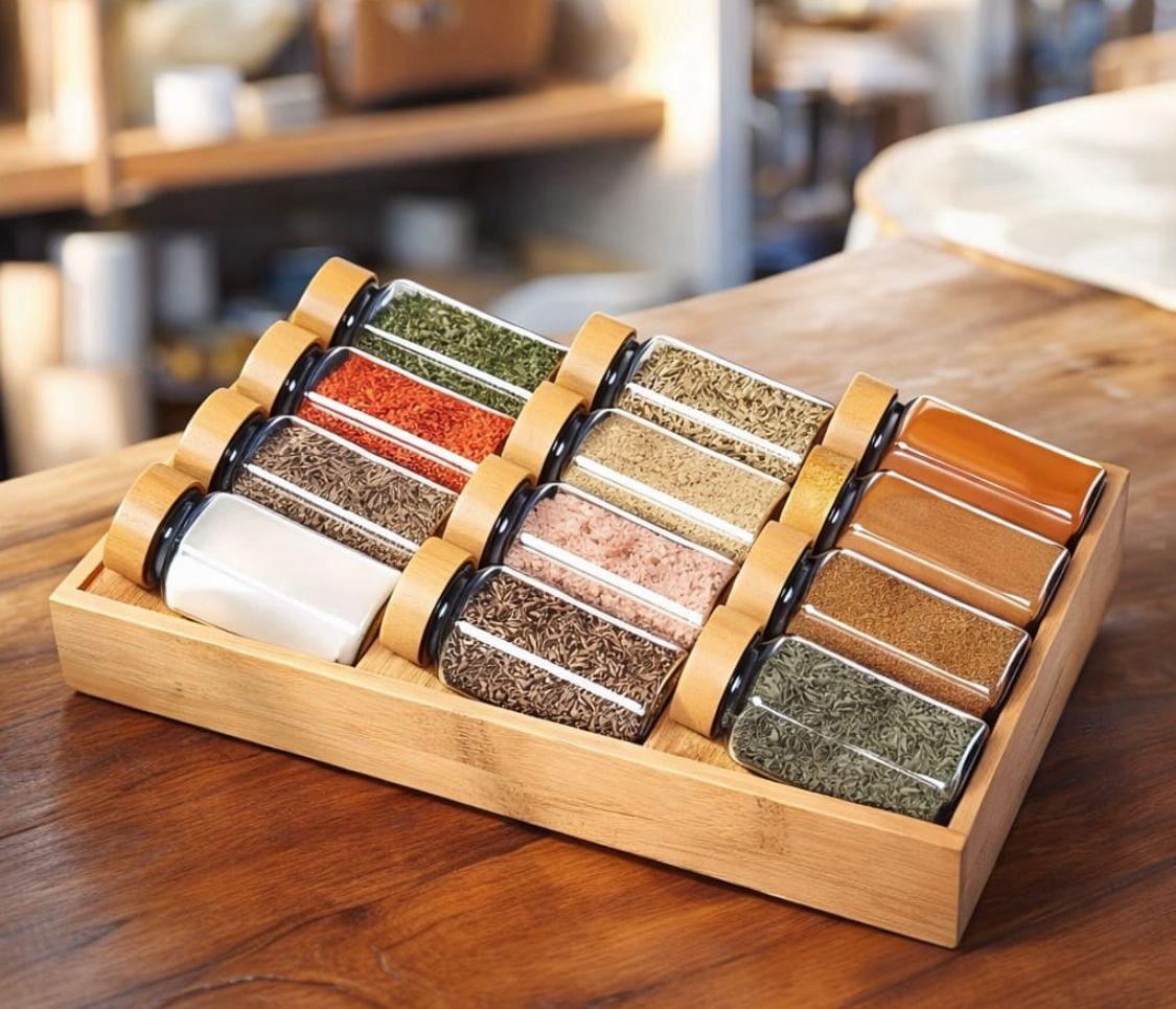 GeBe Spice Jar Set with Bamboo Rack – 12 Glass Jars (100 ml)