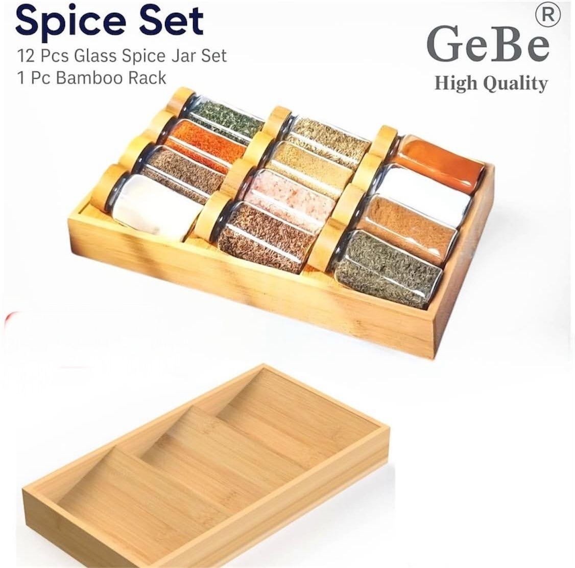 GeBe Spice Jar Set with Bamboo Rack – 12 Glass Jars (100 ml)