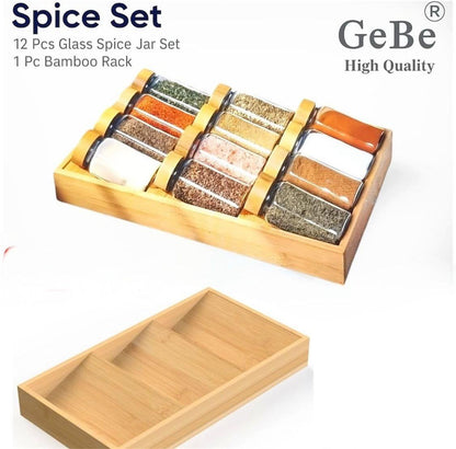 GeBe Spice Jar Set with Bamboo Rack – 12 Glass Jars (100 ml)