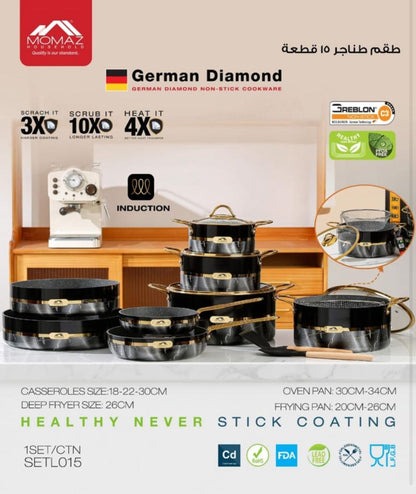 MOMAZ German Diamond Non-Stick Cookware Set – 15 Pieces Induction Ready