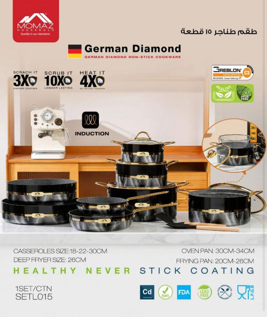 MOMAZ German Diamond Non-Stick Cookware Set – 15 Pieces Induction Ready