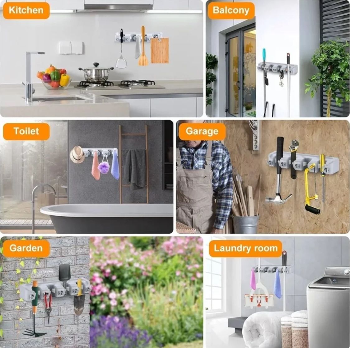 Wall-Mounted Broom & Mop Organizer Rack with 4 Slots